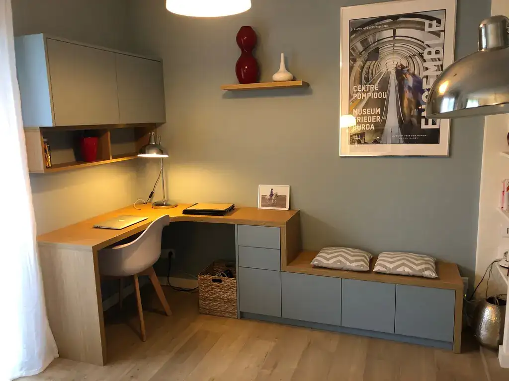 Petit bureau d'angle avec porte et plateau coulissant pour imprimante, 3 tiroirs